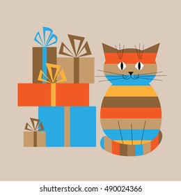 
Greeting card with a tabby cat and gifts