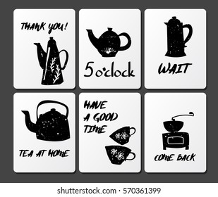 Greeting card with tea theme. Modern black and white illustration with hand drawn lettering