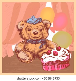 greeting card with teddy bear and cake