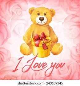 Greeting card. Teddy bear with a gift on a background of pink roses. Watercolor vector 