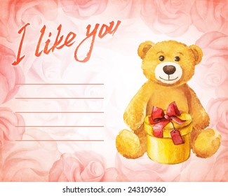 Greeting card. Teddy bear with a gift on a background of pink roses. Watercolor vector 