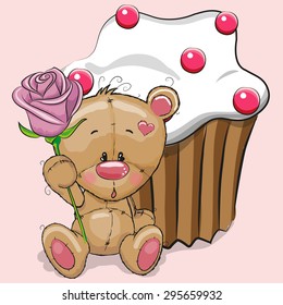 Greeting card Teddy Bear with rose and cake