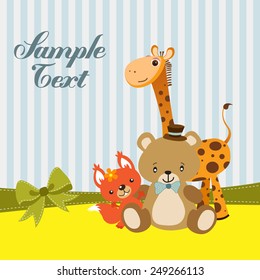 Greeting card with teddy bear, squirrel, and giraffe