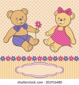 Greeting card with teddy bears. Dotted beige background with cute toys. Colorful vector illustration.