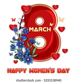 Greeting card template to 8 March Women's Day. Womens Day card. Vector illustration isolated on white background