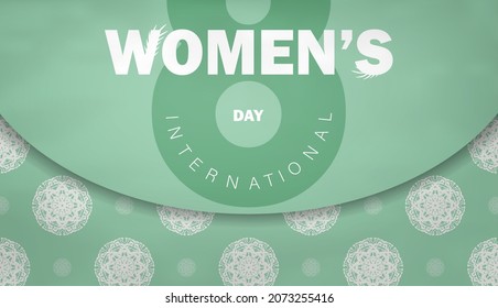 Greeting card template 8 march international womens day mint color with abstract white pattern