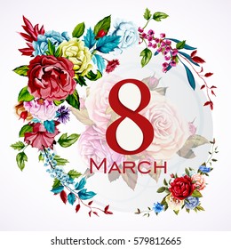 Grußkartenvorlage 8 Marsch mit Blumen. Wilde Rose, Rose, Peony, Maisblume, Lilie des Tals. Handgezeichnet. Vektorgrafik - Stock.