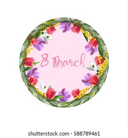 Greeting card template 8 march with flowers.Tulips, mimosa, snowdrops, violets.Hand drawn. Vector - stock.
