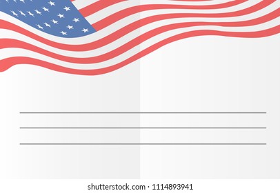 Greeting card template with American flag on background and lines for a text