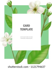 Greeting card template with apple flowers on green frame. Party, event, celebration. Holiday concept. Can be used for invitation, greeting card, brochure