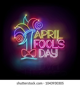 Greeting Card Template for April Fool's Day. Vintage Glow Signboard with Letters and Jester Hat. Neon Light Poster, Flyer, Banner. Glossy Black Background. Vector 3d Illustration. Used Clipping Mask