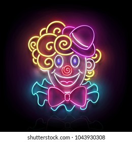 Greeting Card Template for April Fool's Day, Happy Birthday Concept. Glow Signboard with Cute, Lovely Clown. Neon Light Poster, Flyer, Banner, Postcard. Glossy Background. Vector 3d, Clipping Mask