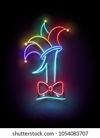 Greeting Card Template for April Fool's Day. Glow Signboard with Number 1, Jester Hat and Bow. Neon Light Poster, Flyer, Banner. Glossy Black Background.
Vector 3d Illustration. Used Clipping Mask