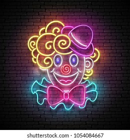 Greeting Card Template for April Fool's Day, Happy Birthday Concept. Glow Signboard with Cute, Lovely Clown. Neon Light Poster, Flyer, Banner, Postcard. Seamless Brick Wall. Vector 3d, Clipping Mask