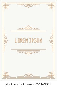 Greeting card template art deco style with gold frame on white background for wedding invitation card, party, menu restaurant, sale, cafe. Arabic frame. Vector Illustration