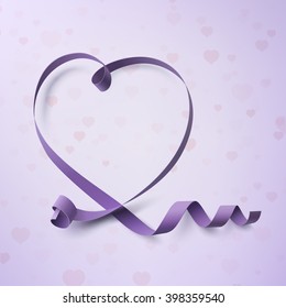 Greeting card template. Background with purple ribbon and hearts. Vector illustration.