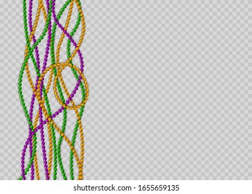 Greeting card template with beads for Mardi Gras for decoration. Pure beads are realistic. Decorative element from golden ball design.Vector illustration.