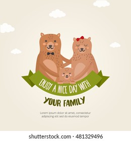 Greeting card template with bear family. Cute animals character with mom, dad and child.  Kids illustration for postcard, poster, family celebration.