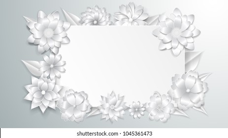 Greeting card template with beautiful volume paper flowers with soft shadows