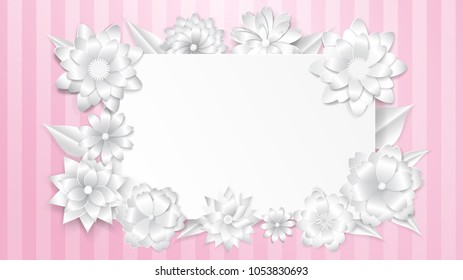 Greeting card template with beautiful volume paper flowers with soft shadows on striped background in pink colors