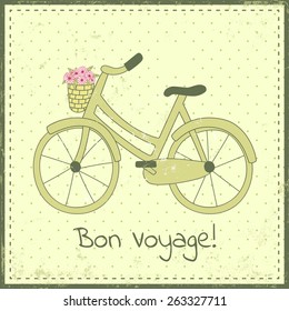 Greeting card template with bike illustration and "bon voyage" text. Green color scheme, hand-drawn doodle style, retro styled dotted background with grunge effect.