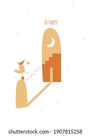 Greeting card template. The bird is walking up the stairs with a cherry in its beak. Illusion in architecture. Idea for a poster for a nursery or a cover. Simple shapes.