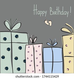 Greeting card template. Birthday presents. Hand-drawn. Flat style. Vector.