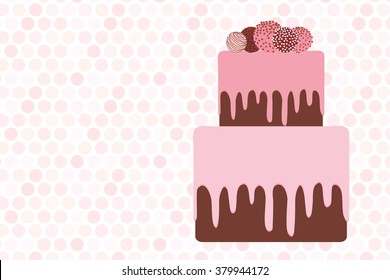 greeting card template, Birthday, valentine's day, wedding, engagement. Sweet cake, strawberry pink cream chocolate icing sprinkles, cake pops, pastel colors on white pink polka dot background. Vector