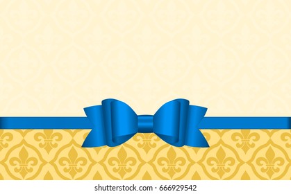 Greeting card template with blue silk bow and ribbon. Gift Voucher Template.  Vector Illustration.
