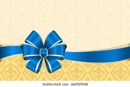Greeting card template with blue silk bow and ribbon. Gift Voucher Template.  Vector Illustration.