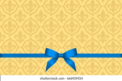 Greeting card template with blue silk bow and ribbon. Gift Voucher Template.  Vector Illustration.