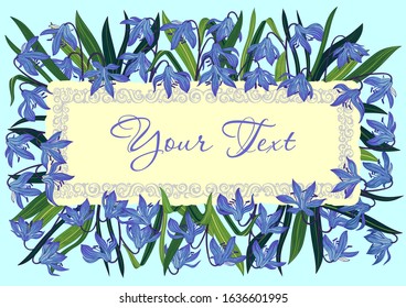 Greeting card template with bright spring flowers and leaves. Handmade drawing vector illustration. Can be used to create greeting cards, wedding cards, banners, etc.