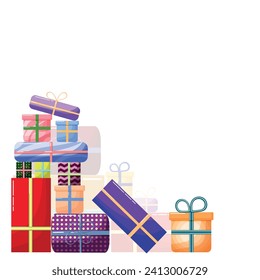 Greeting card template with a bunch of gift boxes wrapped in colorful paper and decorated with ribbons and bows. Holiday vector illustration. Funny birthday or Christmas gift boxes collection