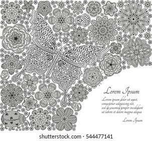 Greeting card or template with butterfly, ladybug and many ornate elements. Vector illustration.