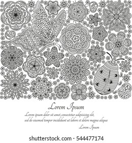 Greeting card or template with butterfly, ladybug and many ornate elements. Vector illustration.