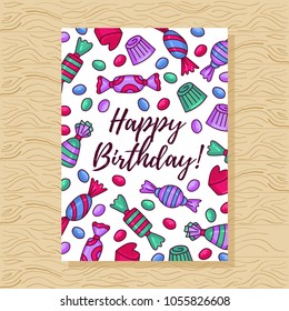 Greeting card template with candy sweets colorful vector template