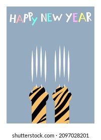 Greeting card template with cartoon tiger paws with claw scratches and text. Merry Christmas and Happy New Year concept.