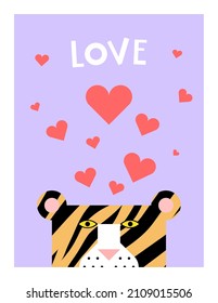 Greeting card template with cartoon tiger with red hearts over his head and text on pastel blue-lilac background. Happy Valentine's Day concept.