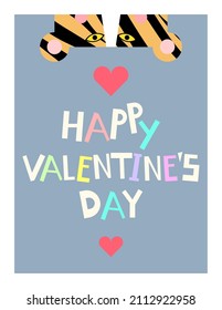 Greeting card template with cartoon tiger head, red heart and text on pastel dark-blue background. Happy Valentine's Day concept.