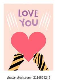 Greeting card template with cartoon tiger paws with  red heart and claw scratches and text on pastel pink background.