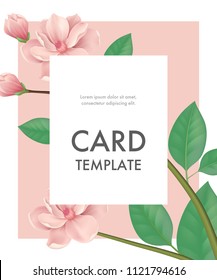 Greeting card template with cherry flowers on pink background with white frame. Party, event, celebration. Holiday concept. Can be used for invitation, greeting card, brochure