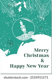 a greeting card template for the Christmas holidays. A festive invitation card with a white silhouette of a nutcracker and Christmas balls and with branches of a Christmas tree on a turquoise 