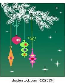 greeting card template. Christmas wreath with balls and bell on green background with snowflakes