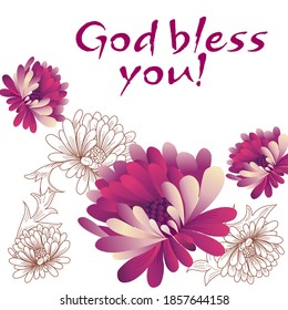 Greeting card template with chrysanthemum flowers, calligraphic text with good wishes