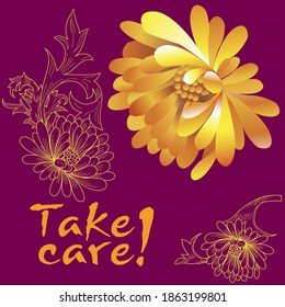 Greeting card template with chrysanthemum flowers, calligraphic text with good wishes