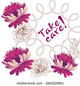 Greeting card template with chrysanthemum flowers, calligraphic text with good wishes