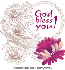Greeting card template with chrysanthemum flowers, calligraphic text with good wishes