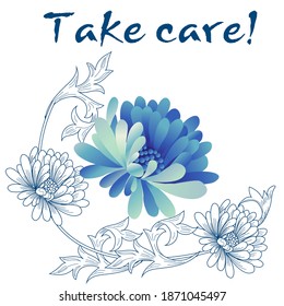 Greeting card template with chrysanthemum flowers, calligraphic text with good wishes