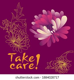 Greeting card template with chrysanthemum flowers, calligraphic text with good wishes