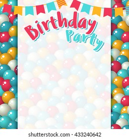 Greeting card template - Colorful pattern with a lot of gumballs, mixed colors. Seamless vector birthday background. Bright game background with glossy balls.